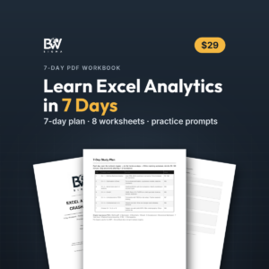 Excel Analytics Crash Course 7-Day Workbook by BW Sigma: preview of the 7-day study plan and worksheet pages